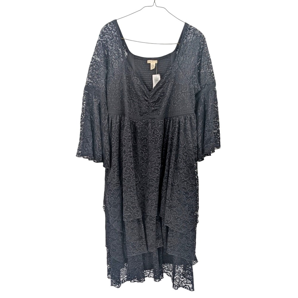 FESTI Black Lace Bell Sleeve Boho Dress Romantic Goth Cottagecore Size 3